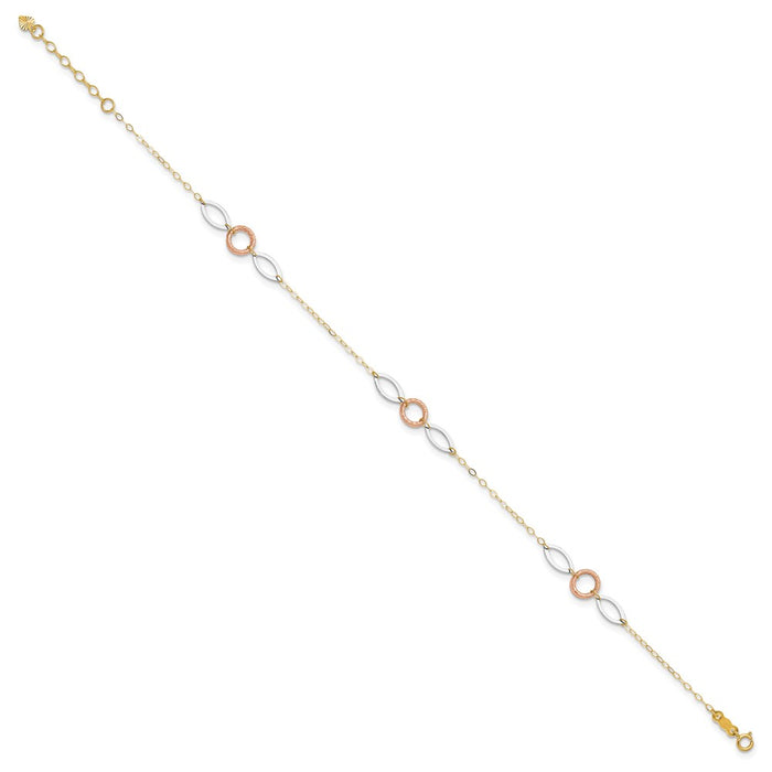 14k Tri-color Circle and Oval 10in Plus 1in ext Anklet-ANK222-11