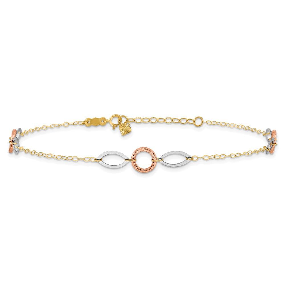 14k Tri-color Circle and Oval 10in Plus 1in ext Anklet-ANK222-11