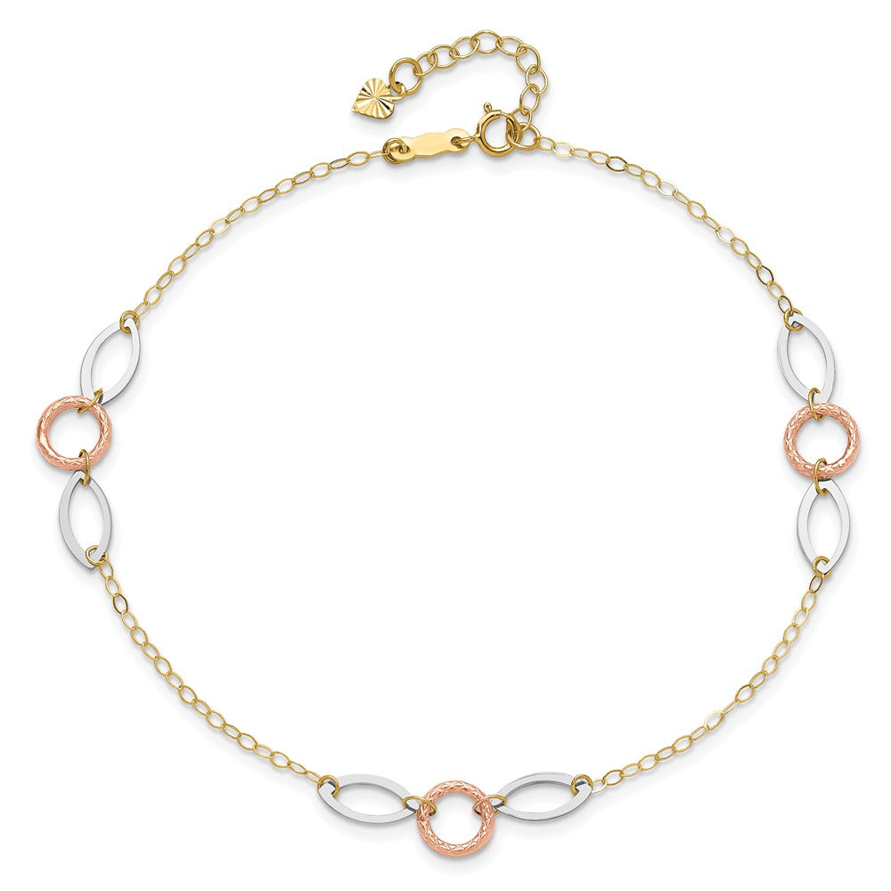 14k Tri-color Circle and Oval 10in Plus 1in ext Anklet-ANK222-11