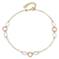14k Tri-color Circle and Oval 10in Plus 1in ext Anklet-ANK222-11