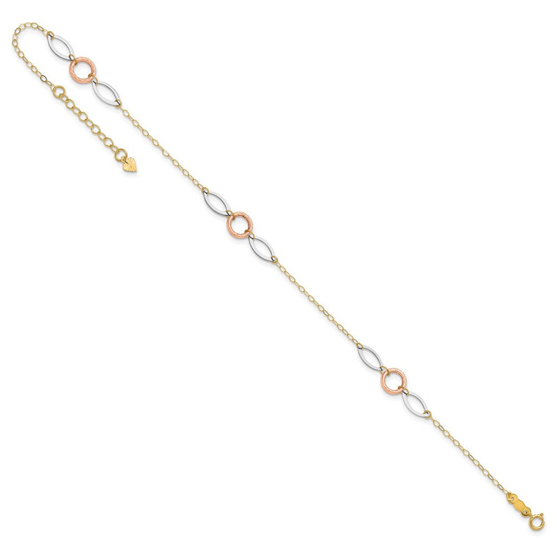 14k Tri-color Circle and Oval 10in Plus 1in ext Anklet-ANK222-11