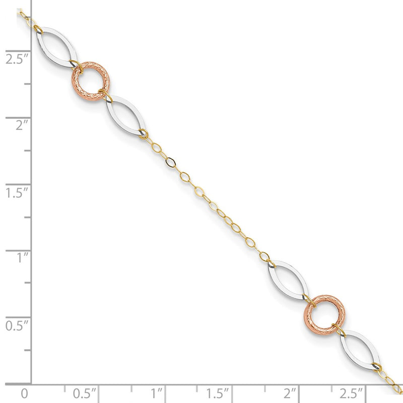 14k Tri-color Circle and Oval 10in Plus 1in ext Anklet-ANK222-11