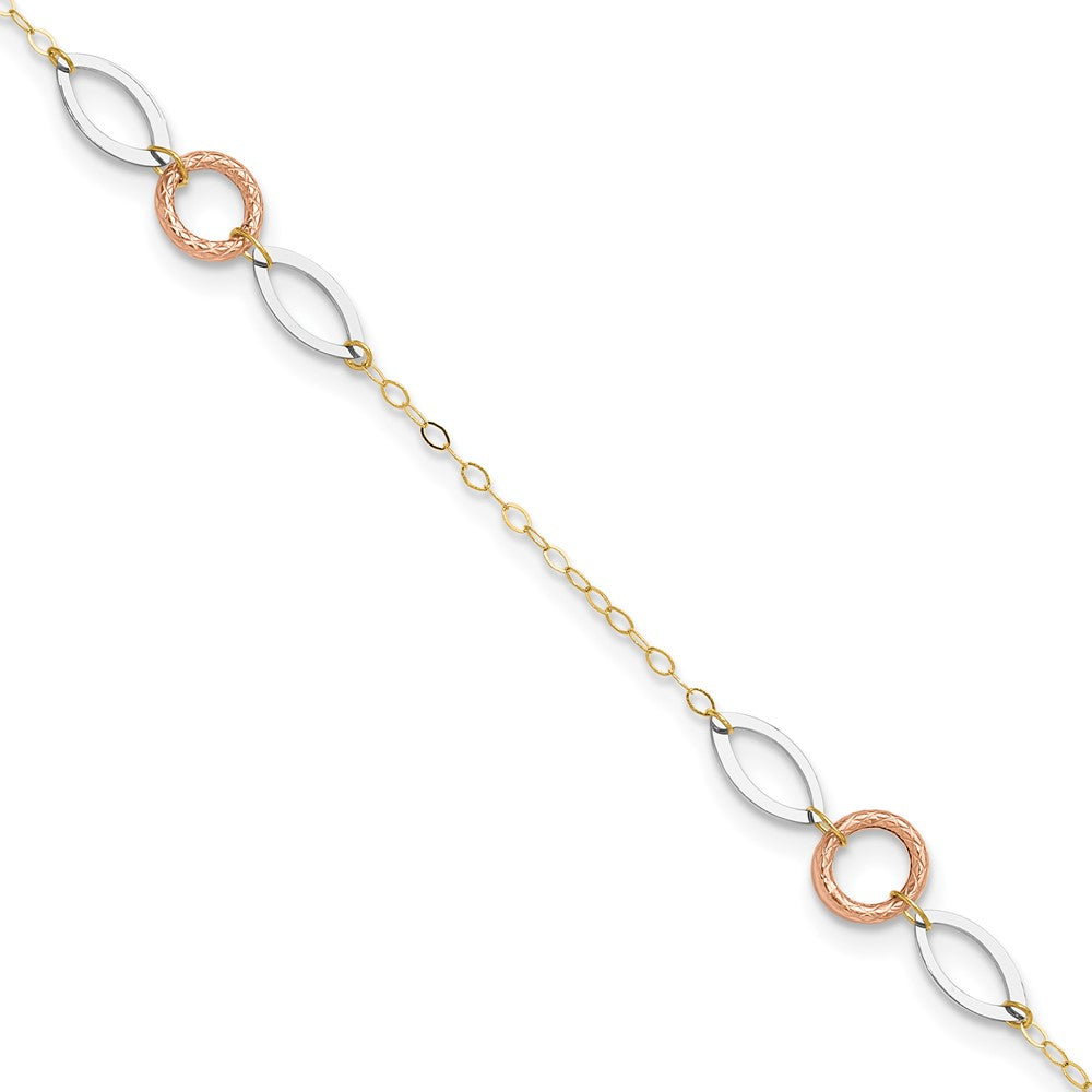 14k Tri-color Circle and Oval 10in Plus 1in ext Anklet-ANK222-11