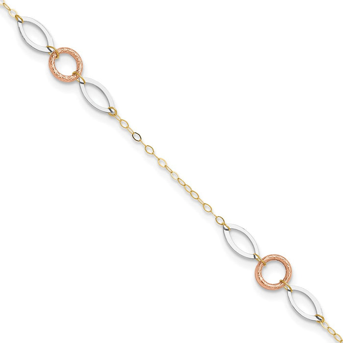 14k Tri-color Circle and Oval 10in Plus 1in ext Anklet-ANK222-11