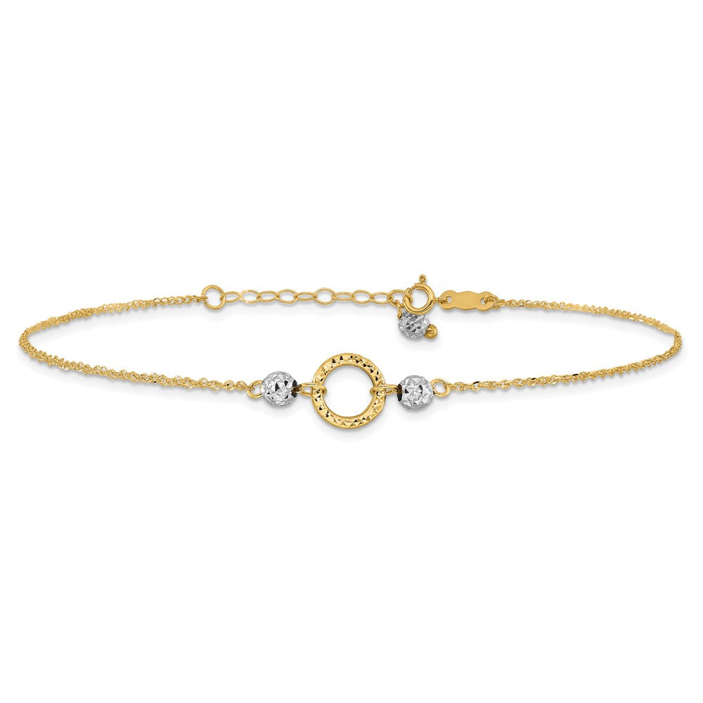 14k Two-tone Circle and Bead 9in Plus 1in ext. Anklet-ANK228-10