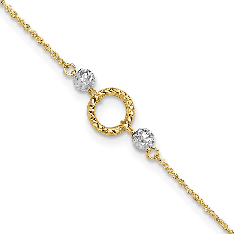 14k Two-tone Circle and Bead 9in Plus 1in ext. Anklet-ANK228-10