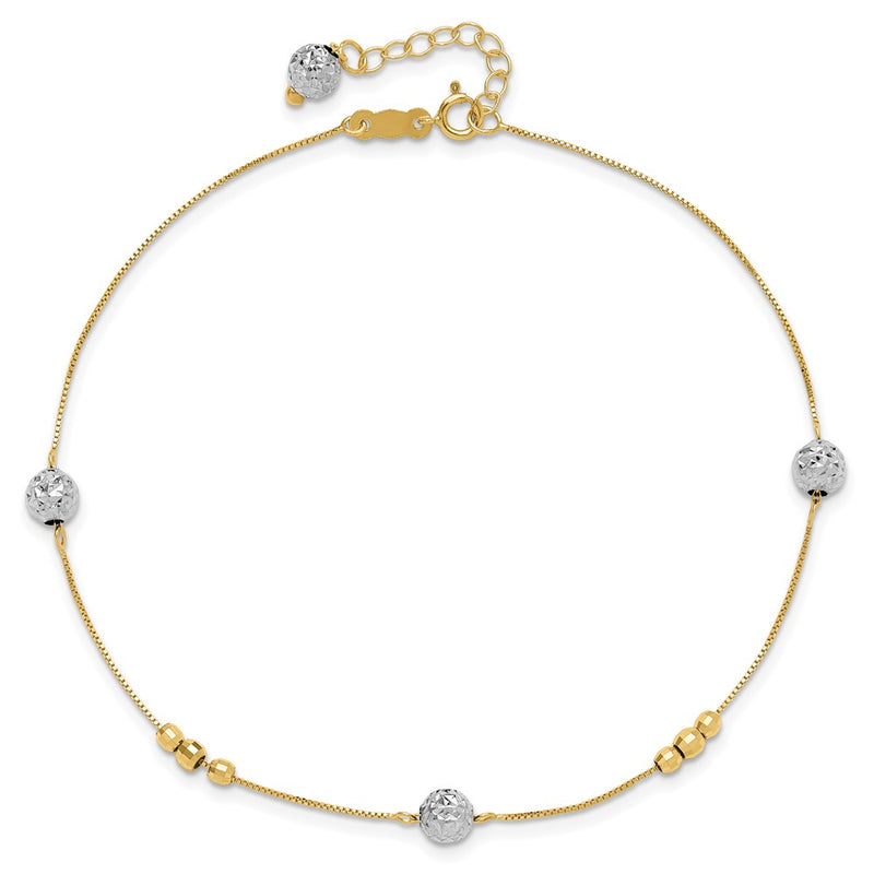 14k Two-tone Beads 9in Plus 1in ext. Anklet-ANK229-10