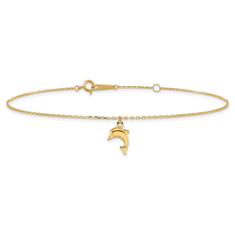 14k Dolphin Charm 9in with 1in Extension Anklet-ANK231-10