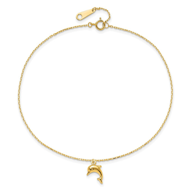 14k Dolphin Charm 9in with 1in Extension Anklet-ANK231-10