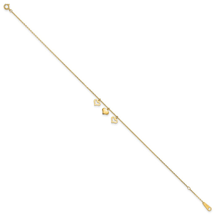 14k 3 Hearts 9in Plus 1in Extension Anklet-ANK233-10