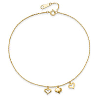 14k 3 Hearts 9in Plus 1in Extension Anklet-ANK233-10