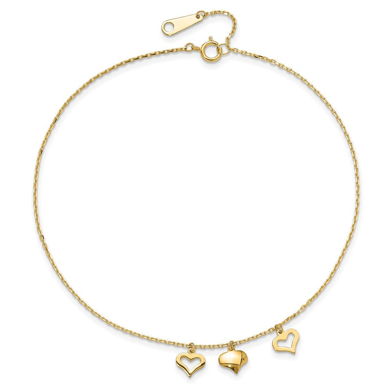 14k 3 Hearts 9in Plus 1in Extension Anklet-ANK233-10