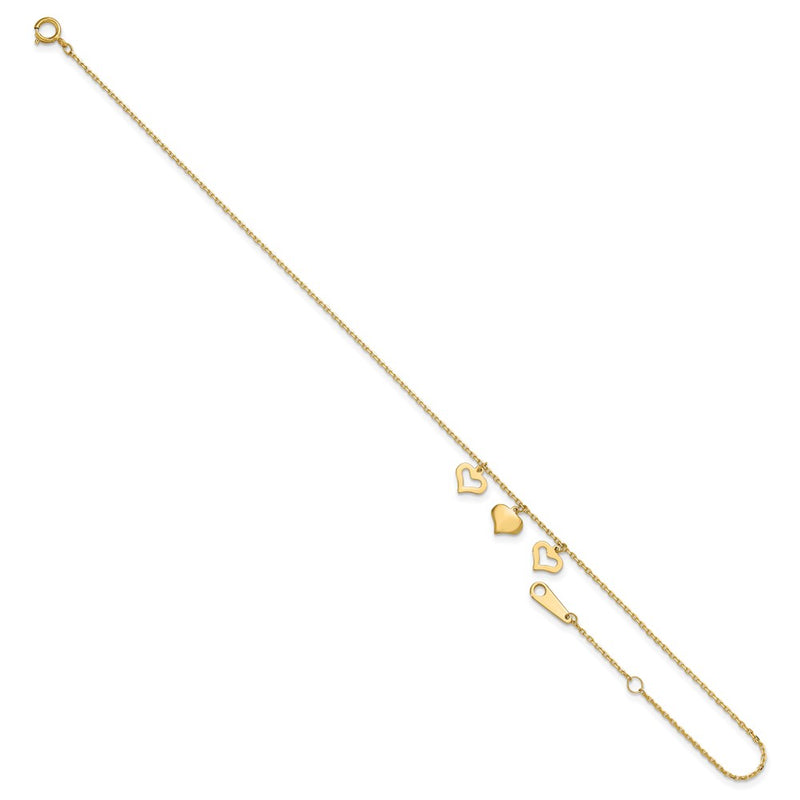 14k 3 Hearts 9in Plus 1in Extension Anklet-ANK233-10