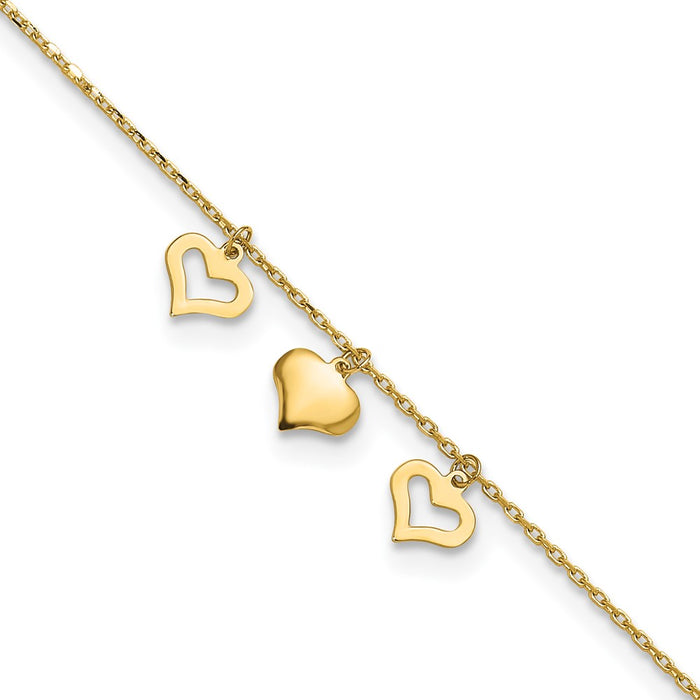 14k 3 Hearts 9in Plus 1in Extension Anklet-ANK233-10