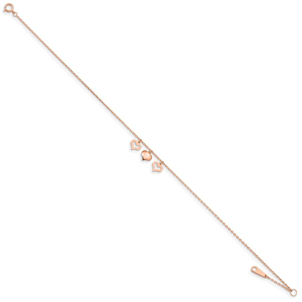 14k Rose Gold 3 Hearts 9in Plus 1in Extension Anklet-ANK233R-10