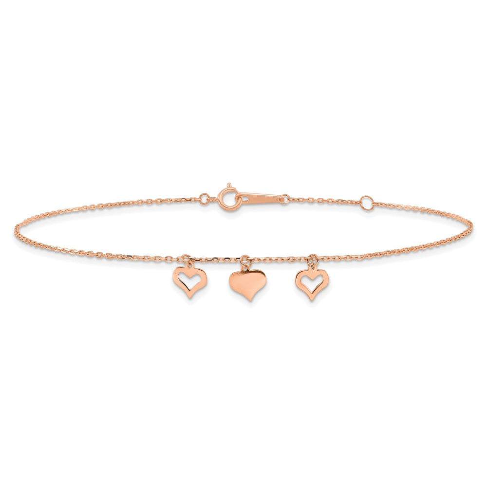 14k Rose Gold 3 Hearts 9in Plus 1in Extension Anklet-ANK233R-10