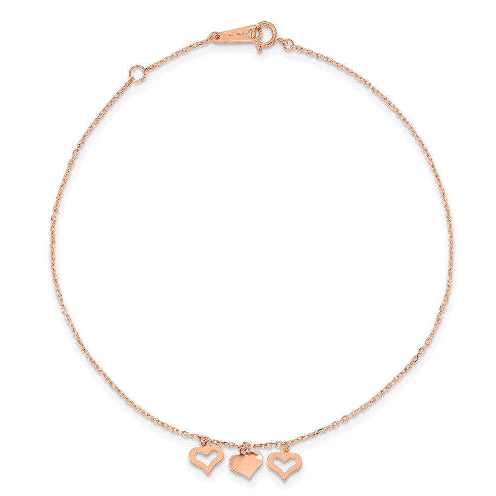 14k Rose Gold 3 Hearts 9in Plus 1in Extension Anklet-ANK233R-10