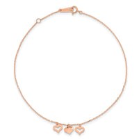 14k Rose Gold 3 Hearts 9in Plus 1in Extension Anklet-ANK233R-10