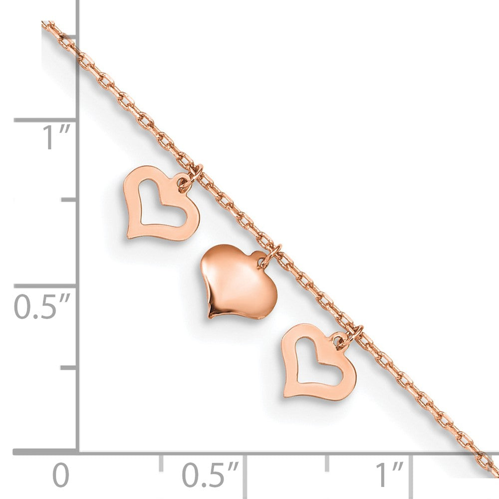 14k Rose Gold 3 Hearts 9in Plus 1in Extension Anklet-ANK233R-10