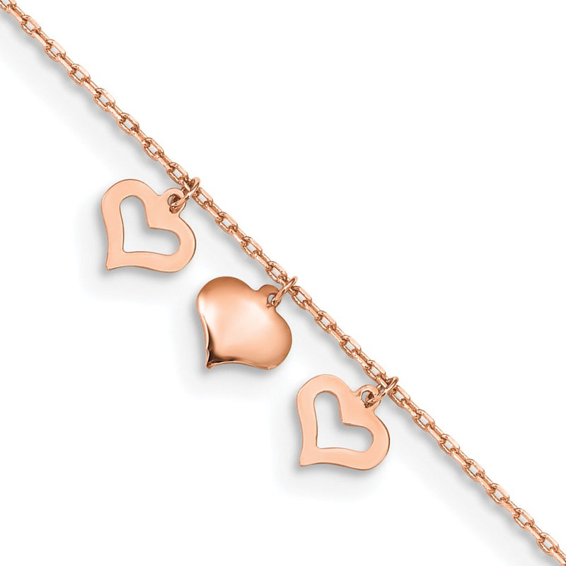 14k Rose Gold 3 Hearts 9in Plus 1in Extension Anklet-ANK233R-10