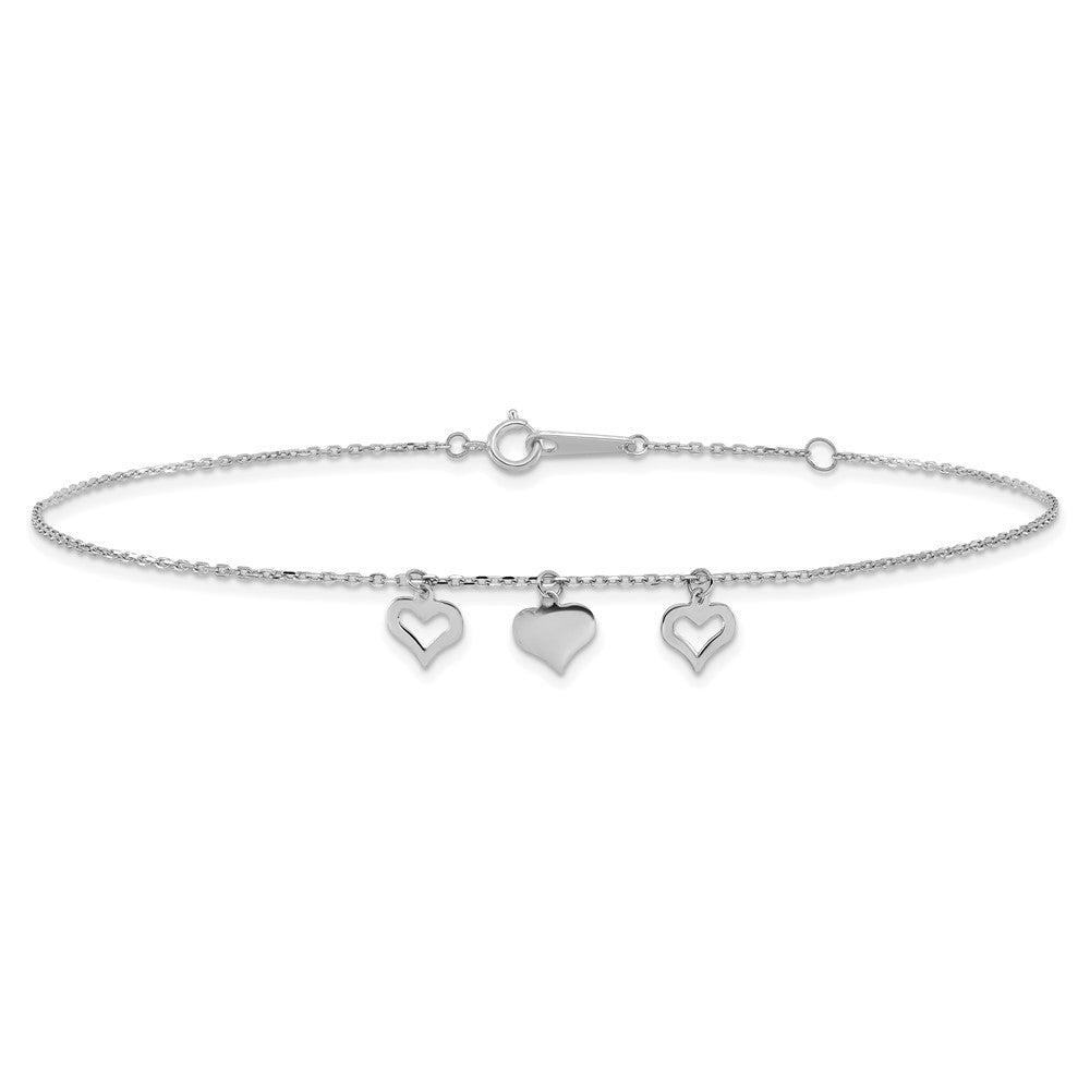 14k White Gold 3 Hearts 9in Plus 1in Extension Anklet-ANK233W-10