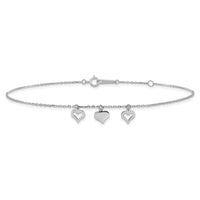 14k White Gold 3 Hearts 9in Plus 1in Extension Anklet-ANK233W-10