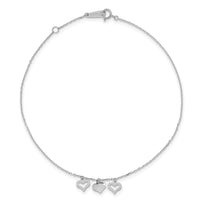 14k White Gold 3 Hearts 9in Plus 1in Extension Anklet-ANK233W-10