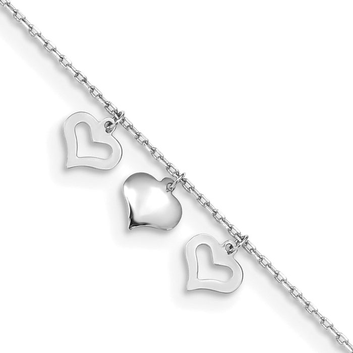 14k White Gold 3 Hearts 9in Plus 1in Extension Anklet-ANK233W-10