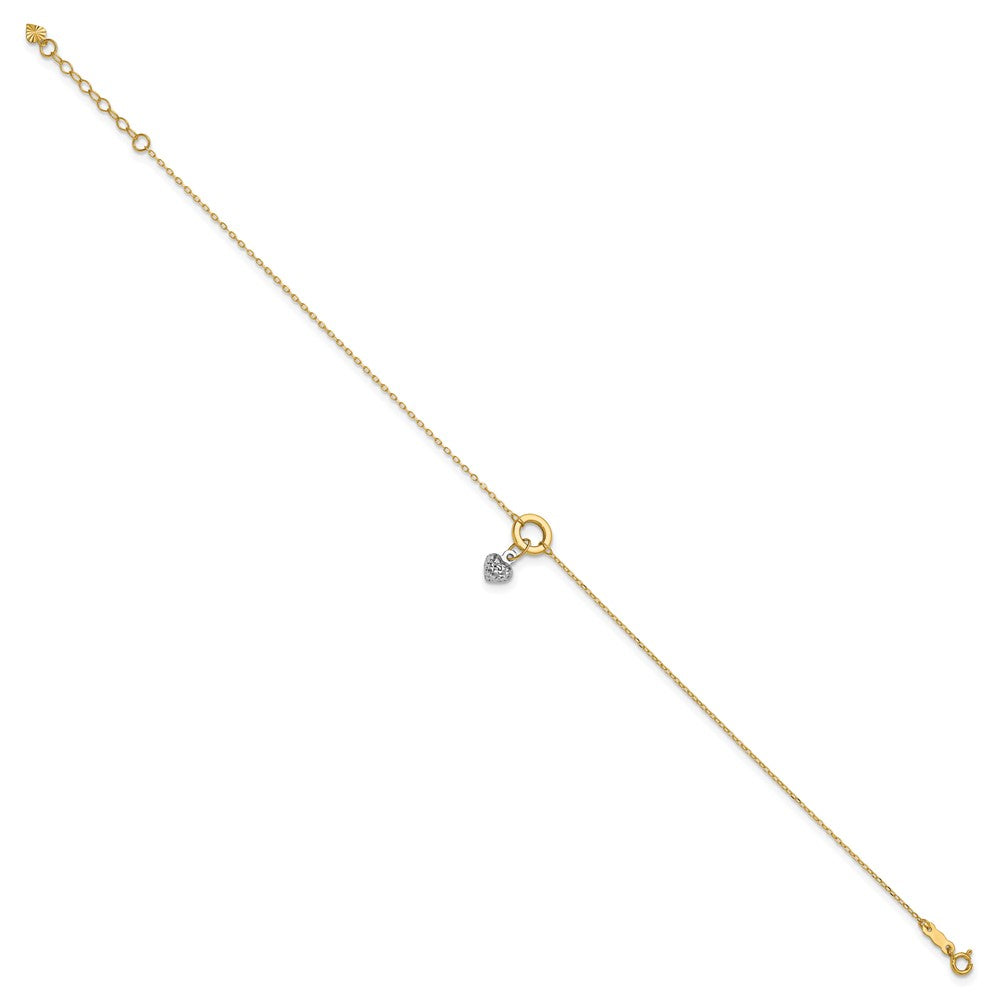 14K Two-tone Circle with Diamond Cut Puff Heart 9in Plus 1in ext Anklet-ANK243-9