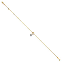 14K Two-tone Circle with Diamond Cut Puff Heart 9in Plus 1in ext Anklet-ANK243-9