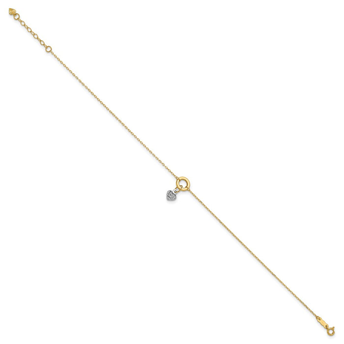 14K Two-tone Circle with Diamond Cut Puff Heart 9in Plus 1in ext Anklet-ANK243-9