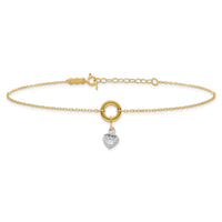 14K Two-tone Circle with Diamond Cut Puff Heart 9in Plus 1in ext Anklet-ANK243-9