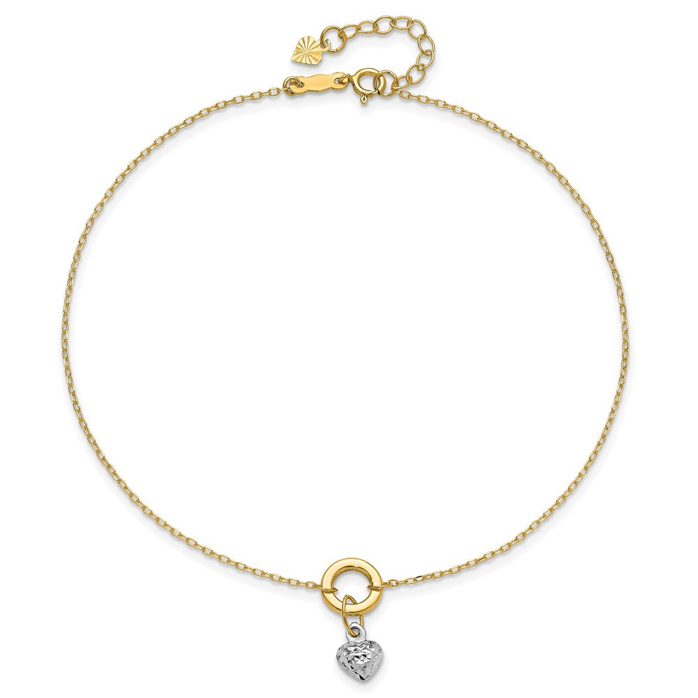 14K Two-tone Circle with Diamond Cut Puff Heart 9in Plus 1in ext Anklet-ANK243-9