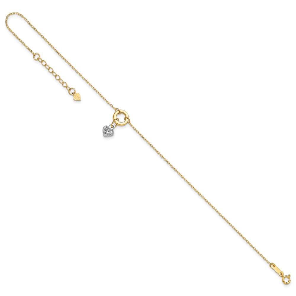 14K Two-tone Circle with Diamond Cut Puff Heart 9in Plus 1in ext Anklet-ANK243-9