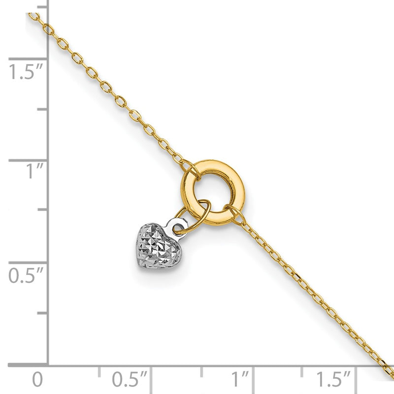 14K Two-tone Circle with Diamond Cut Puff Heart 9in Plus 1in ext Anklet-ANK243-9