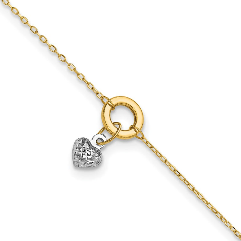 14K Two-tone Circle with Diamond Cut Puff Heart 9in Plus 1in ext Anklet-ANK243-9