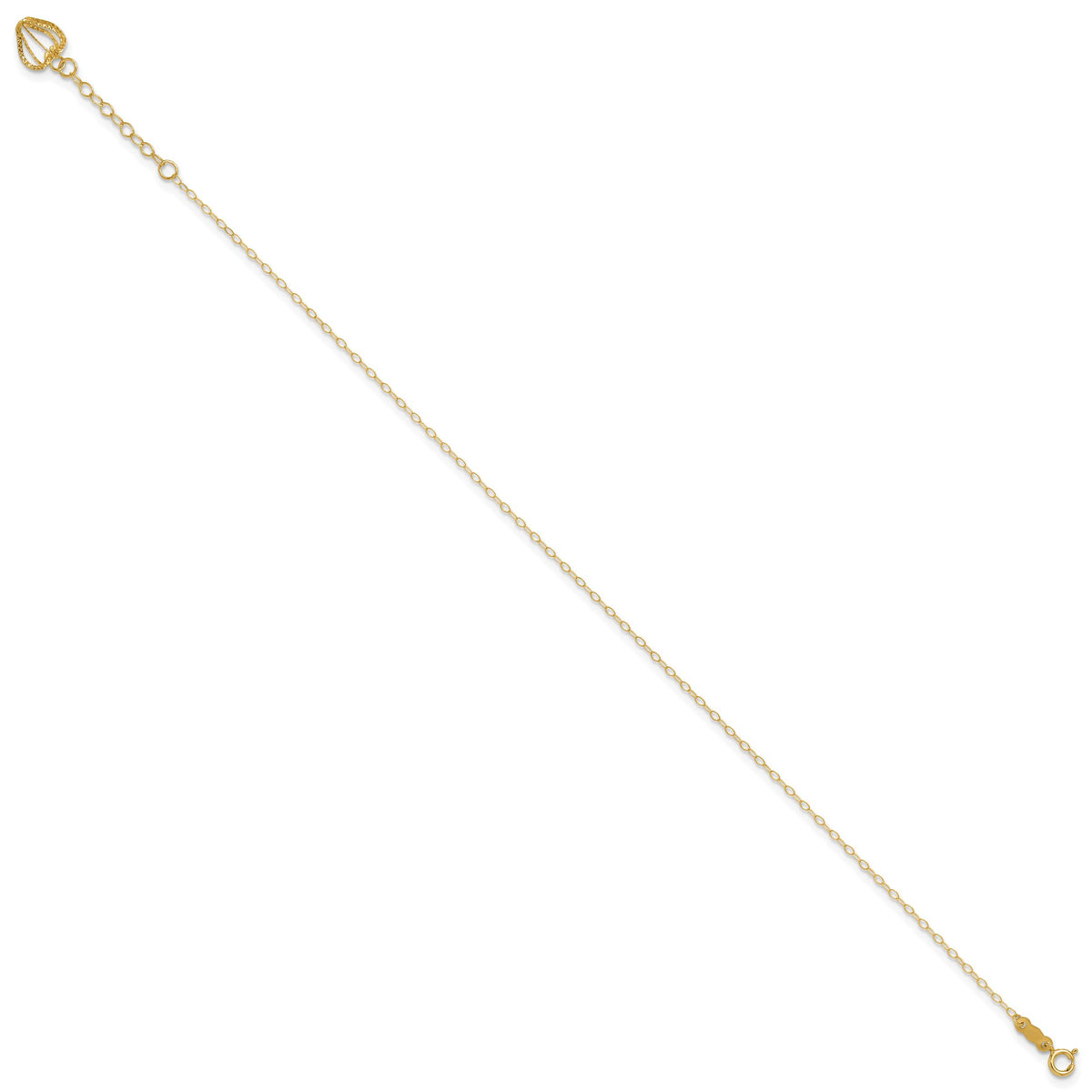 14K Oval Link Chain with Diamond-cut Heart Cage 10in Plus 1in Ext Anklet-ANK244-10