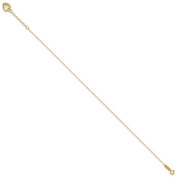 14K Oval Link Chain with Diamond-cut Heart Cage 10in Plus 1in Ext Anklet-ANK244-10