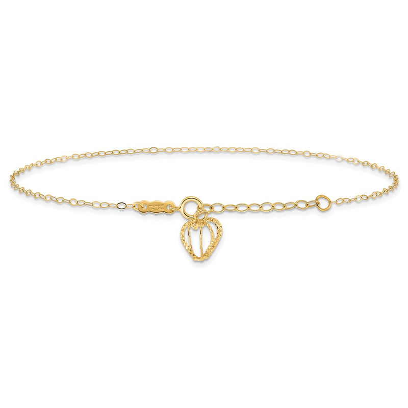 14K Oval Link Chain with Diamond-cut Heart Cage 9in Plus 1in Ext Anklet-ANK244-9