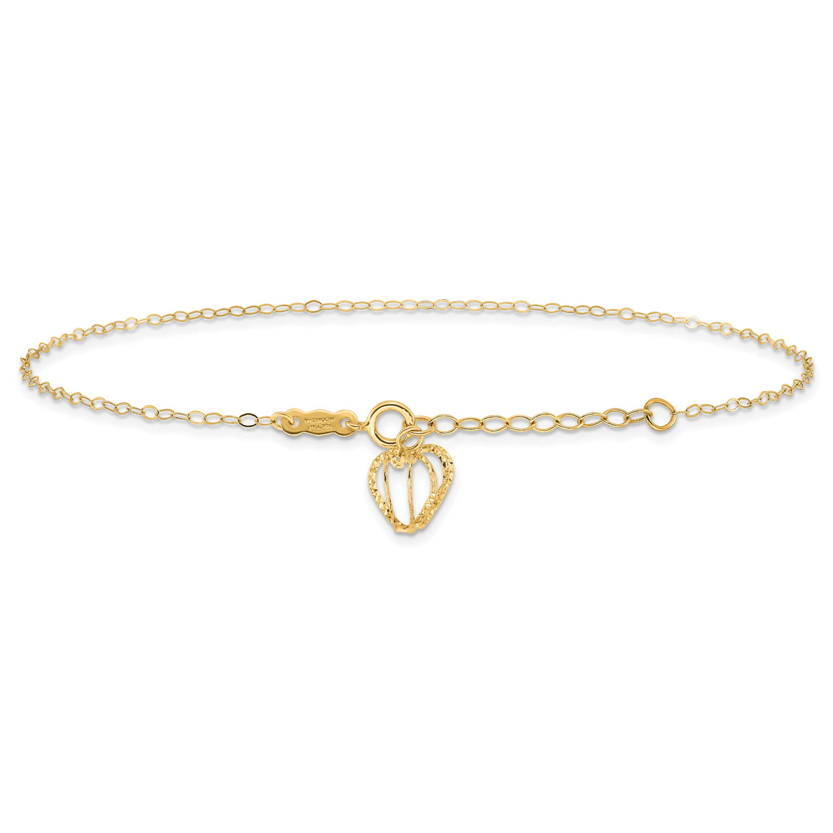 14K Oval Link Chain with Diamond-cut Heart Cage 10in Plus 1in Ext Anklet-ANK244-10