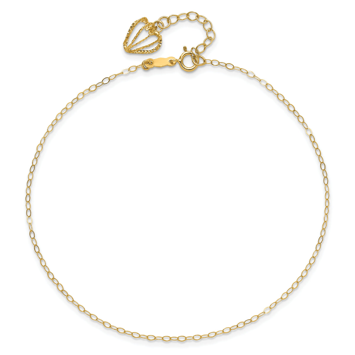 14K Oval Link Chain with Diamond-cut Heart Cage 10in Plus 1in Ext Anklet-ANK244-10