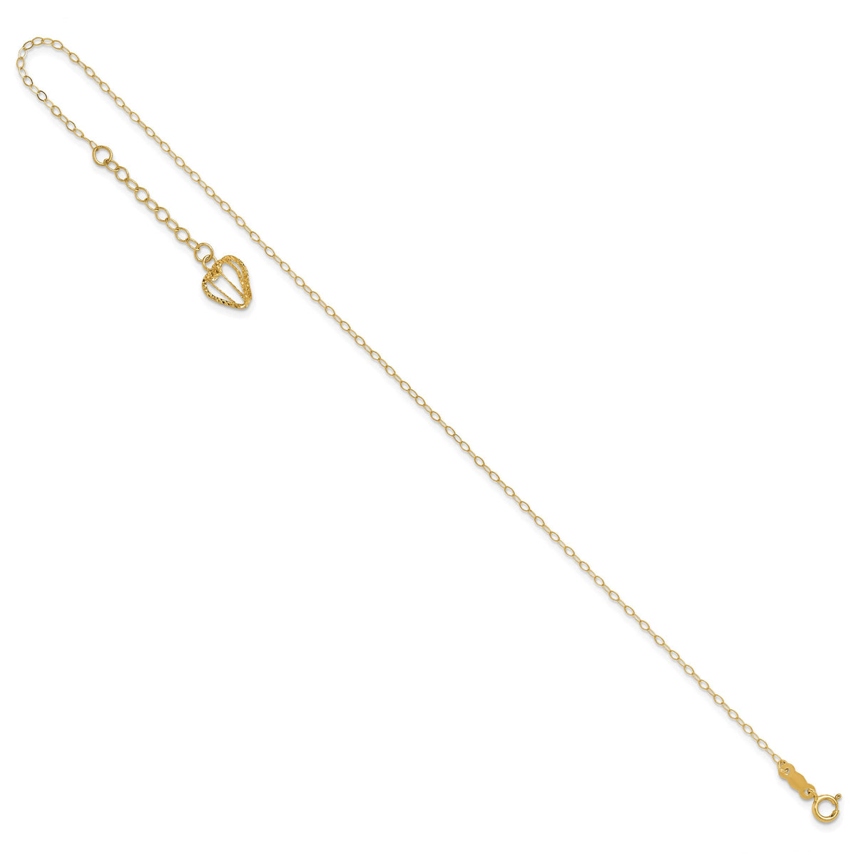 14K Oval Link Chain with Diamond-cut Heart Cage 10in Plus 1in Ext Anklet-ANK244-10