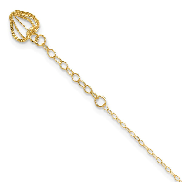 14K Oval Link Chain with Diamond-cut Heart Cage 9in Plus 1in Ext Anklet-ANK244-9