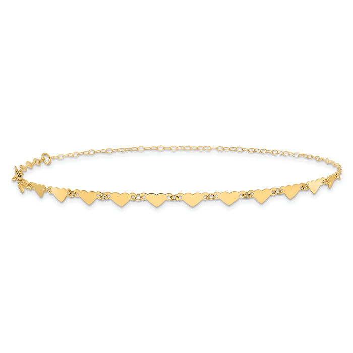 14K Oval Link Chain with Hearts 10in Plus 1in Ext Anklet-ANK245-10