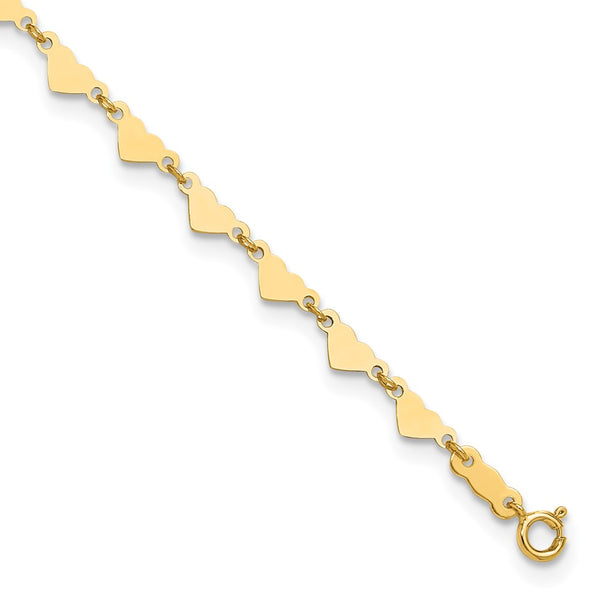 14K Oval Link Chain with Hearts 10in Plus 1in Ext Anklet-ANK245-10