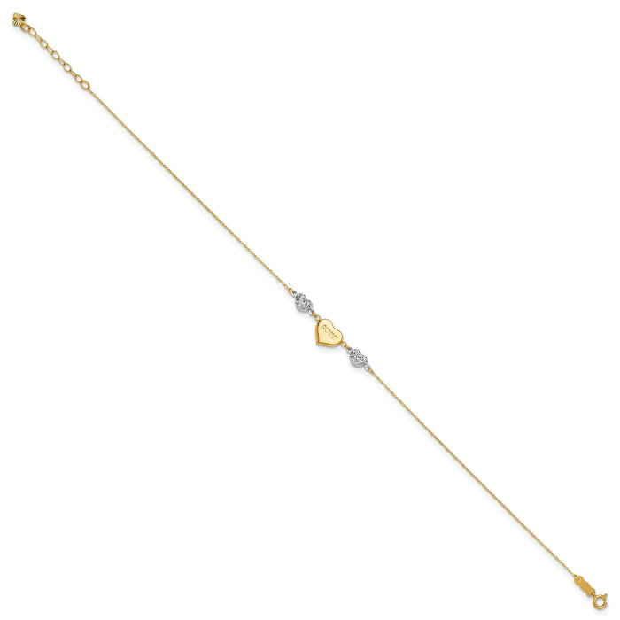 14K Two-tone Diamond-cut Puffed Heart LOVE 10in Plus 1in ext. Anklet-ANK253-10