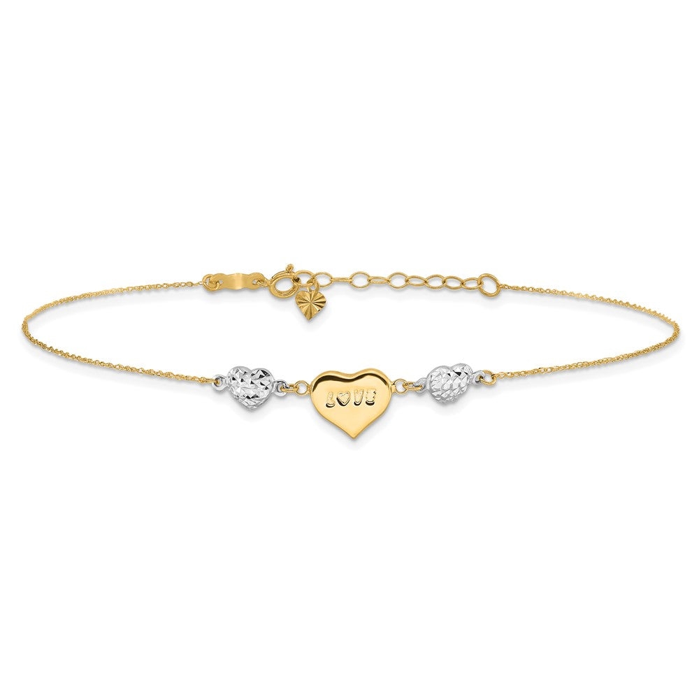 14K Two-tone Diamond-cut Puffed Heart LOVE 9in Plus 1in ext Anklet-ANK253-9