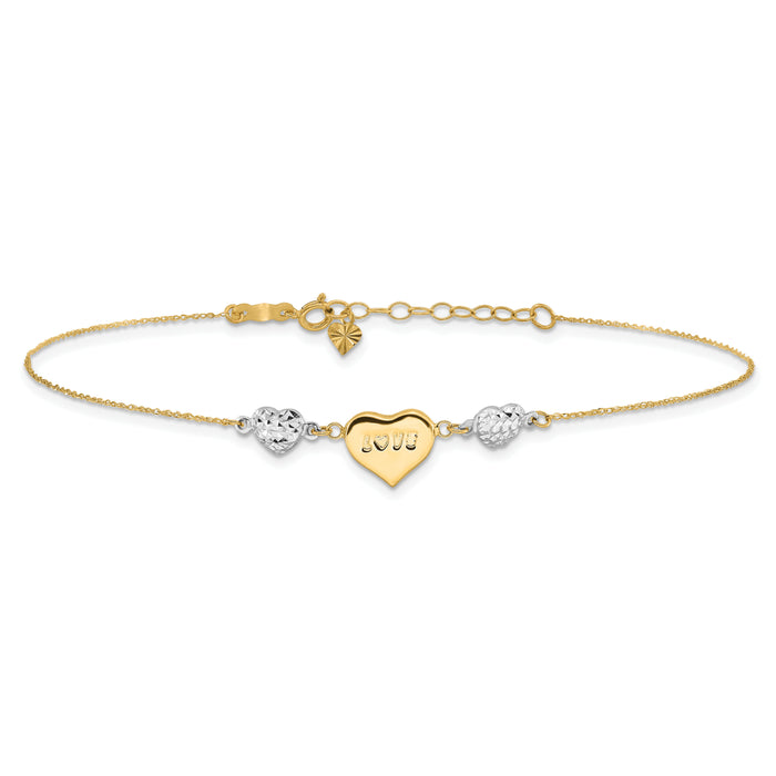 14K Two-tone Diamond-cut Puffed Heart LOVE 9in Plus 1in ext Anklet-ANK253-9
