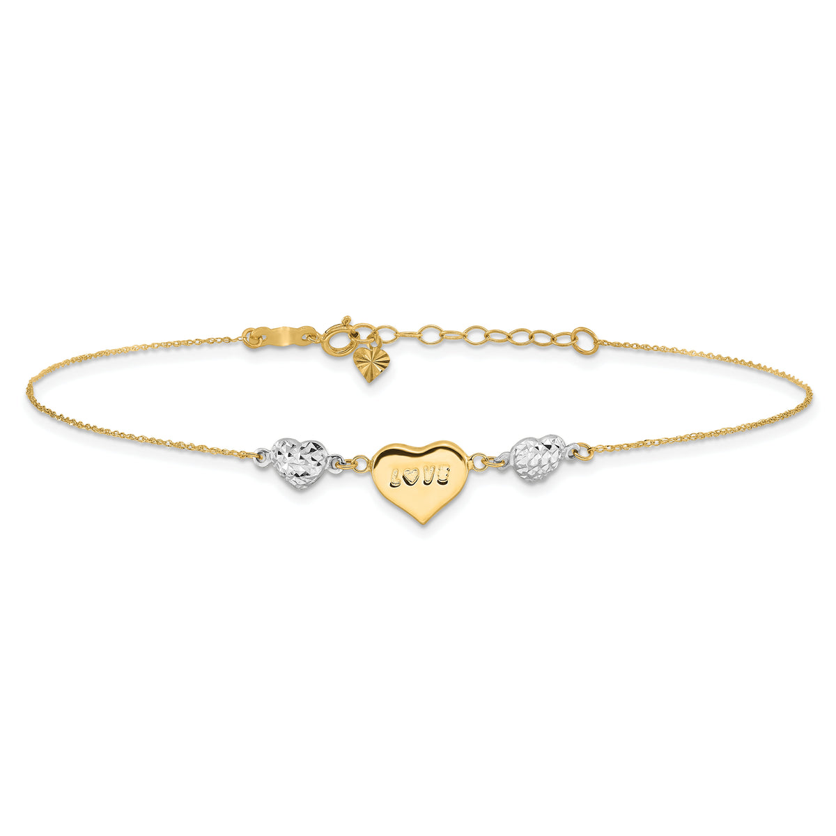 14K Two-tone Diamond-cut Puffed Heart LOVE 10in Plus 1in ext. Anklet-ANK253-10