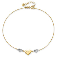 14K Two-tone Diamond-cut Puffed Heart LOVE 9in Plus 1in ext Anklet-ANK253-9